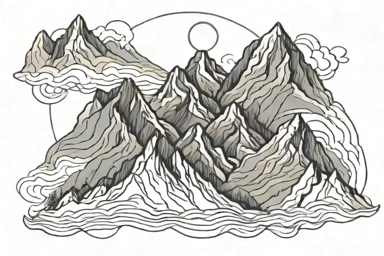Mountain Range With 5 Peaks Drawn With Single Lines And Made To Look Drawn By Hand