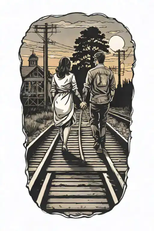Couple Holding Hands Walking On Train Tracks Towards The Sunset