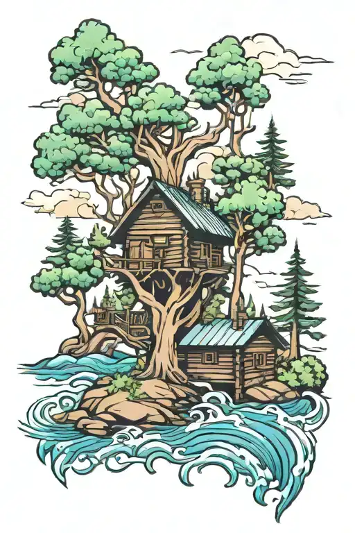 Trees Water Cabin