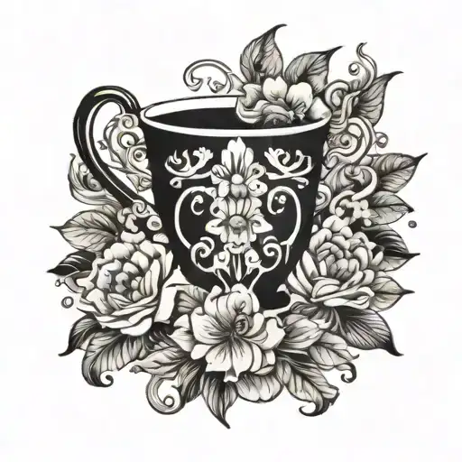 Black And White Cup Surrounded By Blooming