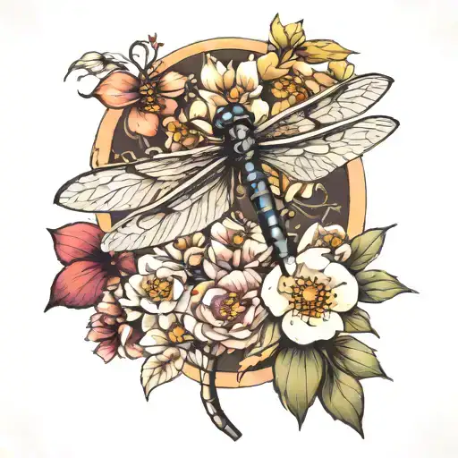 Dragonfly With Flowers And Snail