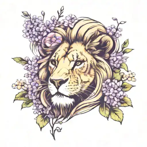 Lion And Lilacs Blooming In A Meadow