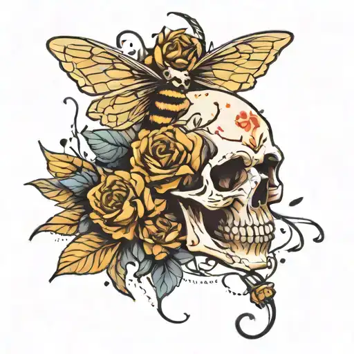 Skull With Bees Flying Flowers Wrapped