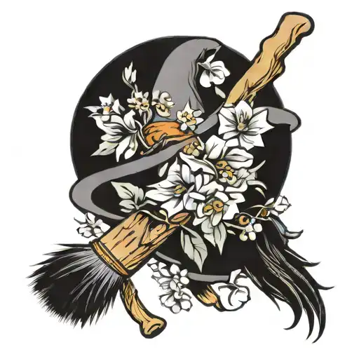 Broom Stick With Flowers & Witch Hat Tattoo Design