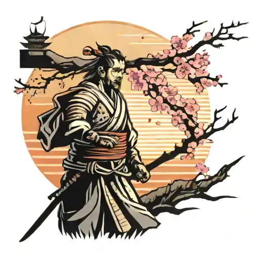 Japanese Samurai Standing In The Sunset Background With Cherry Blossom Flowers In The Wind