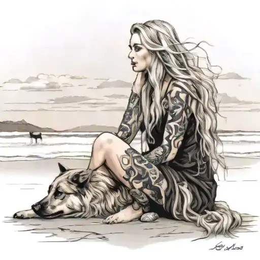 Young Long Haired Blonde Woman At Driftwood Beach At Sunet With Mostyl Black Geermna Shepherd