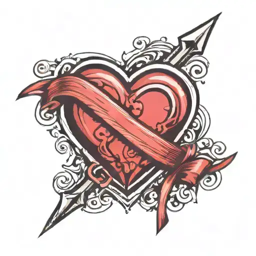 Heart With Ribbon Across Middle Horizontal And Arrow Piercing Diagonally Through Heart