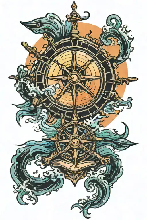 Sea With Sunset And Ships Helm