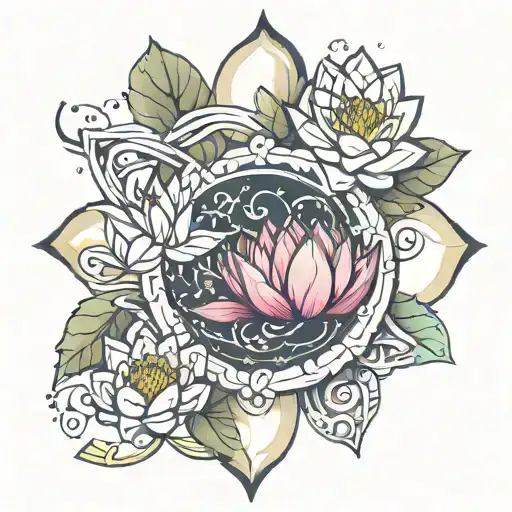 Sacred Symbols In The Background With Water Lily And Infinity Symbol