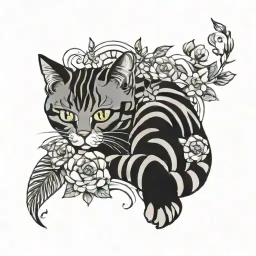Grey Black Striped Cat Lies Between Flowers In The Moonshine
