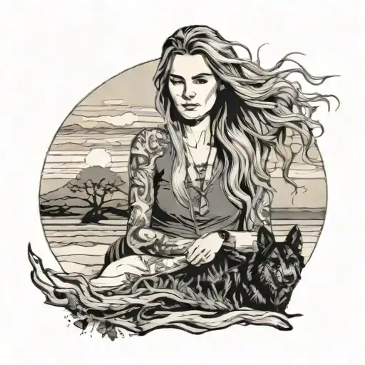 Young Long Haired Blonde Woman At Driftwood Beach At Sunet With Mostyl Black Geermna Shepherd