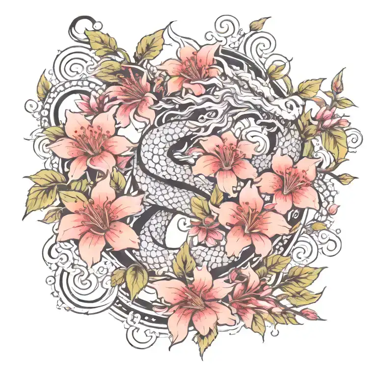 Greek Dragon Cherry Blossom Branch Red Sun And Moon