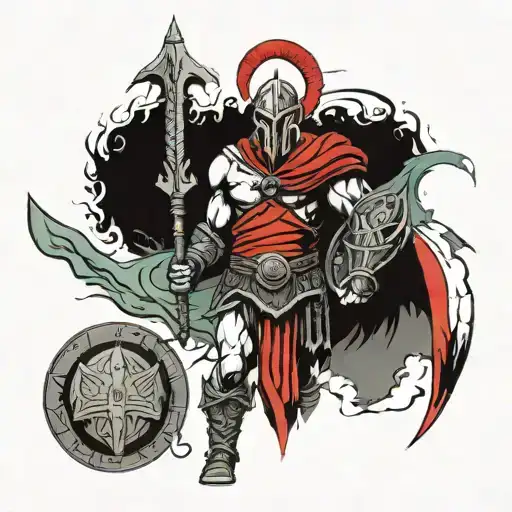 Ares God Of War With Spartan Sheild And A Red Cape And A Spear