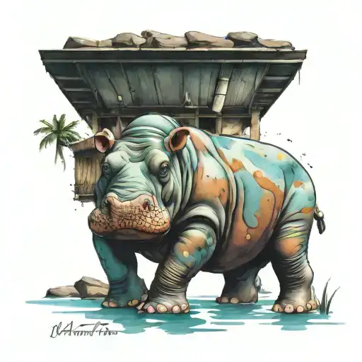 Watercolor Hippopotamus Enjoying The View