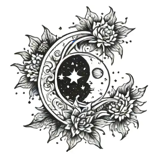 Moon And Sun Together In The Middle Between Stars And Sparkles On The Collarbone