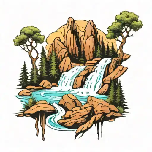 Rocky Waterfall Forest Mountain