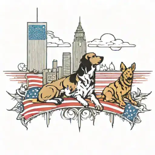 Twin Towers And Dog And American Flag