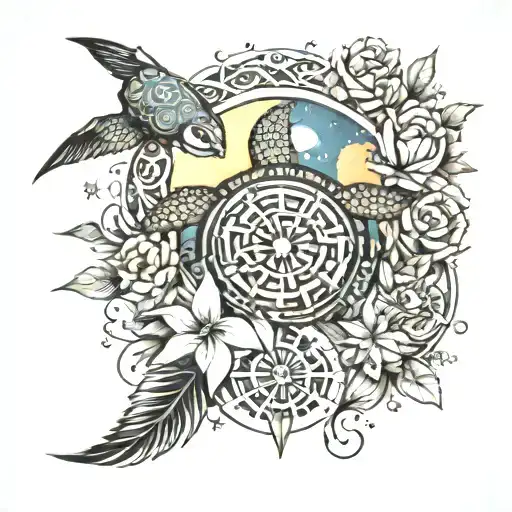 Esoteric Sun With Flowers And Moon Stars And Ocean And Sea Turtle