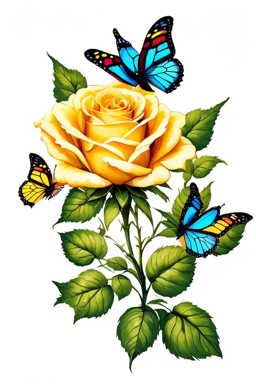 Yellow Rose With 6 Butterflies Flying
