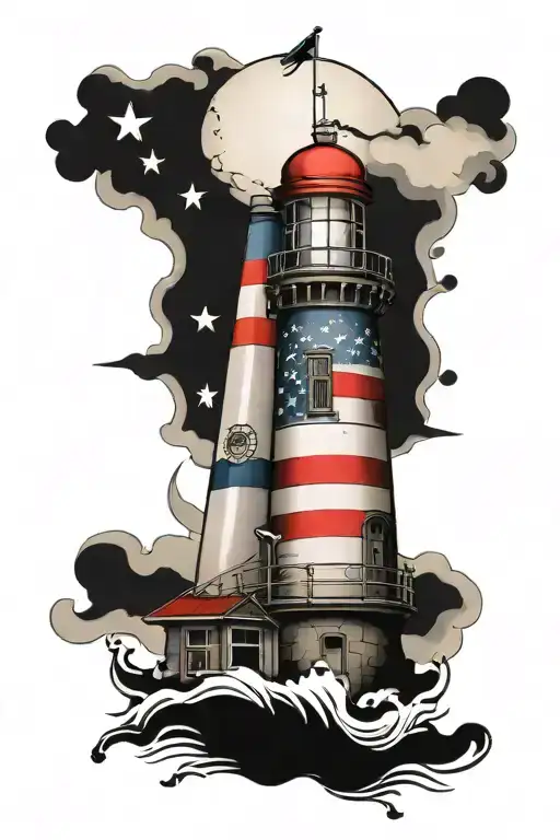 American Flag Behind A Lighthouse