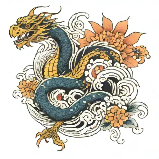 Dragon And Japanese Wave And Koi Fish And Japanese Flower