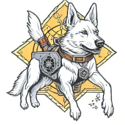 White German Shepard Dog With Star Wars Spaceship Flying