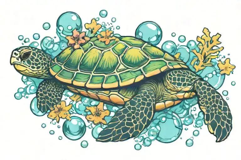 Small Realistic Turtle With Bubbles And Coral Reef