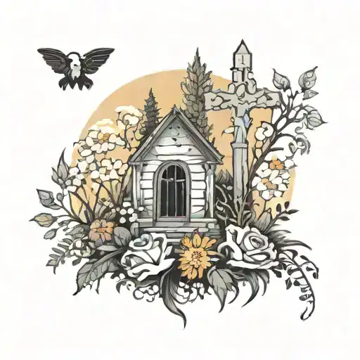 Tattoo Of A Hauntingly Beautiful Graveyard Scene With Wildflowers