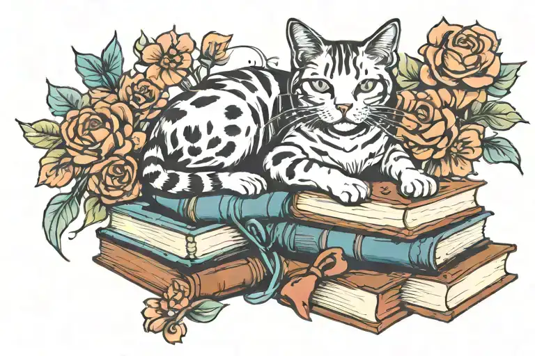 Cat On Books With Flowers Intertwined