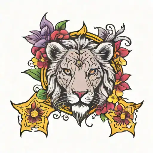 Leo Star Tattoo With Purple Red And Yellow Flowers