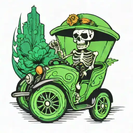 A Skeleton Driving A Green Car