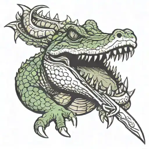 Drawing Of A Crocodile Pierced By A Dagger Held By A Hand