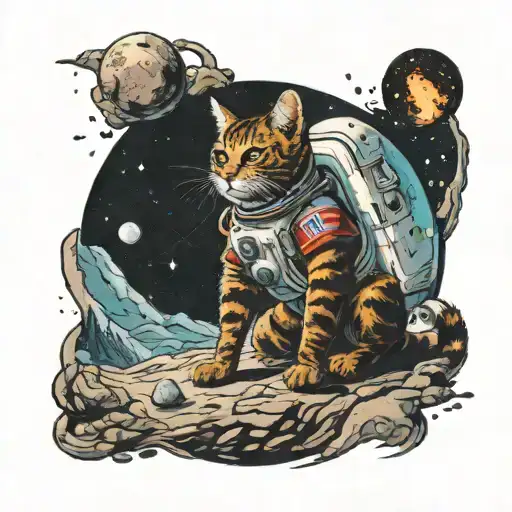 An Astronaut Cat Exploring A Lunar Landscape With The Elden Ring Shining In The Sky