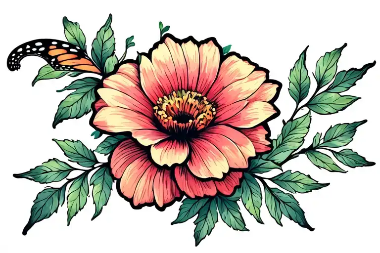 Flower Hip Tattoo With Longer Leafs And Butterfly's