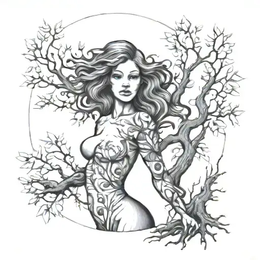 Fine Line Woman's Figure That Turns Into A Tree