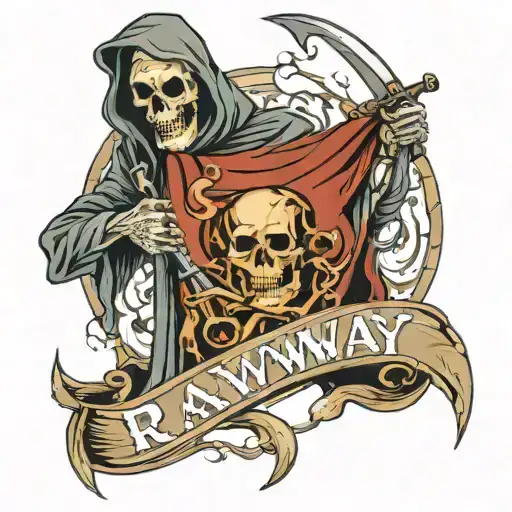 Grim Reaper With Word Rawway And Skulls All Around With A Destinct Look