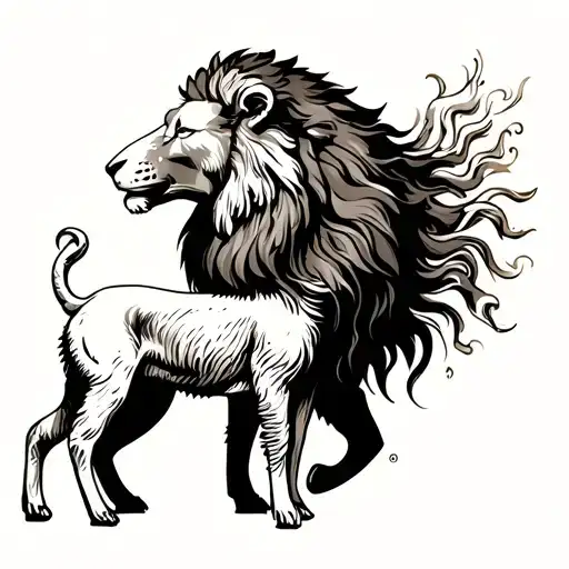 A Lamb Supported Against A Majestic Lion