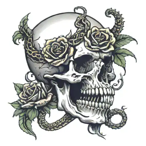 A Skull Head With A Snake Coming Out Of Its Mouth And Roses Around The Skull And Snake