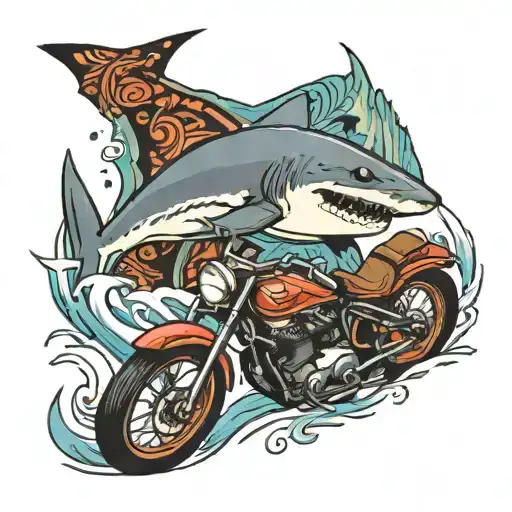 Shark Swimming Next To Motorcycle In An Incan Art Style