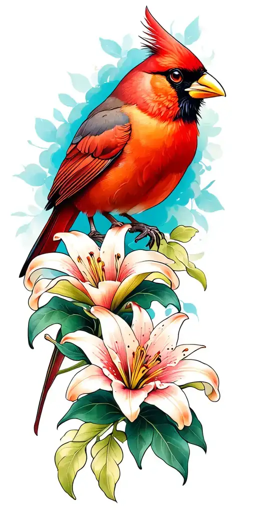 Cardinal Intertwined With Lily Flowers