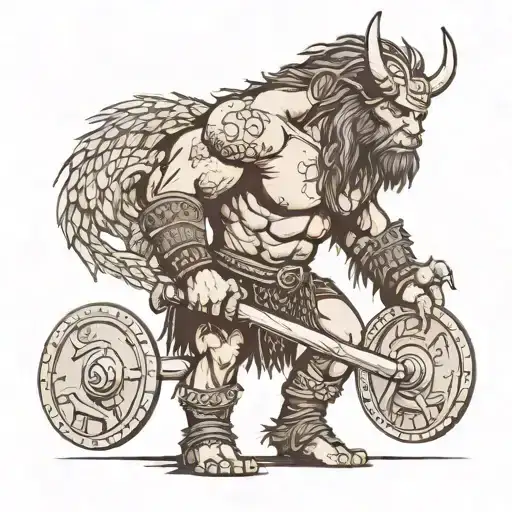 A Fierce Viking Warrior Doing A Deadlift With A Dragon Tattoo On Their Back In A Dotwork Style