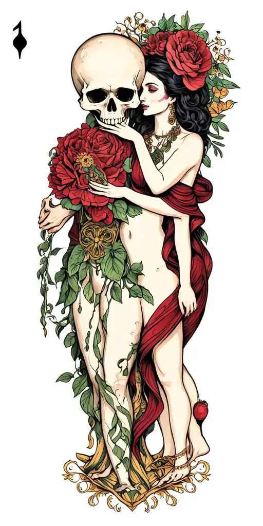 Lovers Tarot Card Featuring A Lady And A Skull