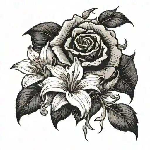 Black Rose Surrounded By White Lilies With Thorn Rope