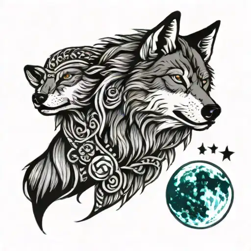 Wolf Howling At The Moon And Capricorn Sign