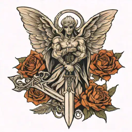 Angel And Devil Standing Side By Side With A Dagger Between Them And A Moth On The Dagger