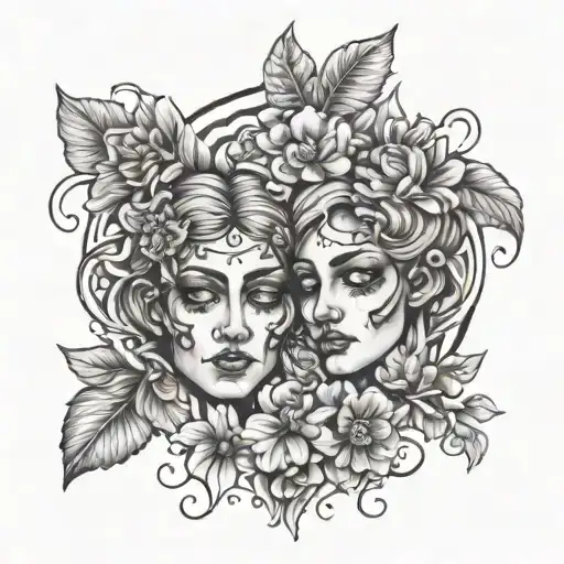 Gemini Sign With Flowers And Twins Face
