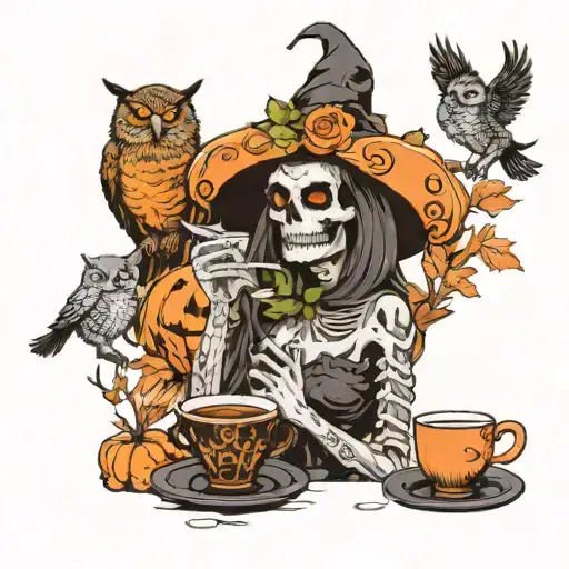 Skeleton Witch Drinking Coffee With A Owl And A Pumpkin