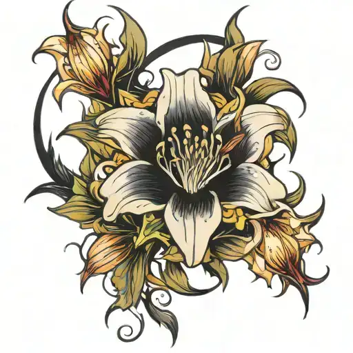 White Lilies Surrounding A Black Rose Thorns Coming From The Side