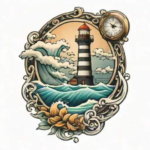 Waves At The Beach With A Lighthouse And A Clock Face
