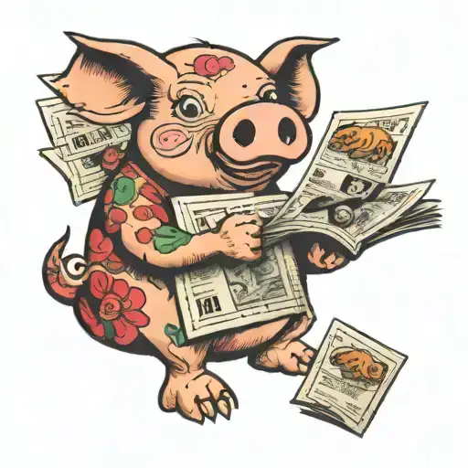 Tattoo Design Pig Holding Newspaper And Scratch Card